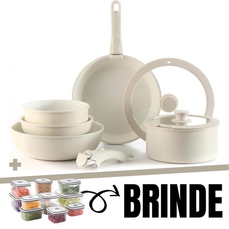 Kit Panelas CookWare Com Alças Removíveis + Kit 10 Potes Herméticos e + 3 Brindes